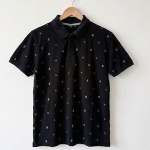 NUON Mens Black Skull Fleur-de-Lis Embroidered Polo Shirt Mens Medium Slim Fit